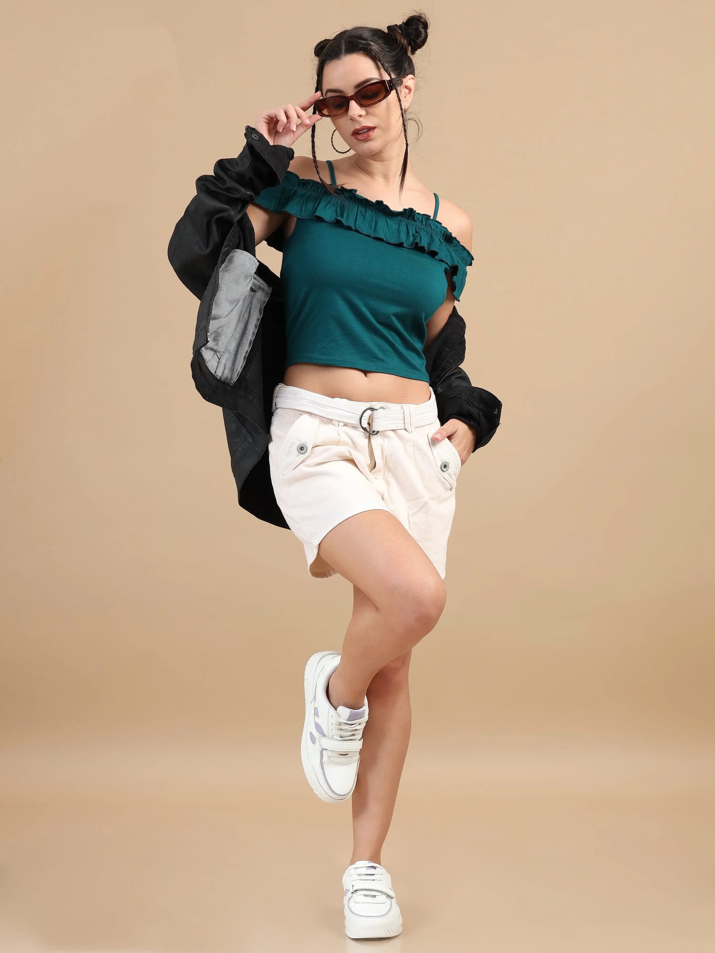 Women Bardot Crop Top - Teal Blue