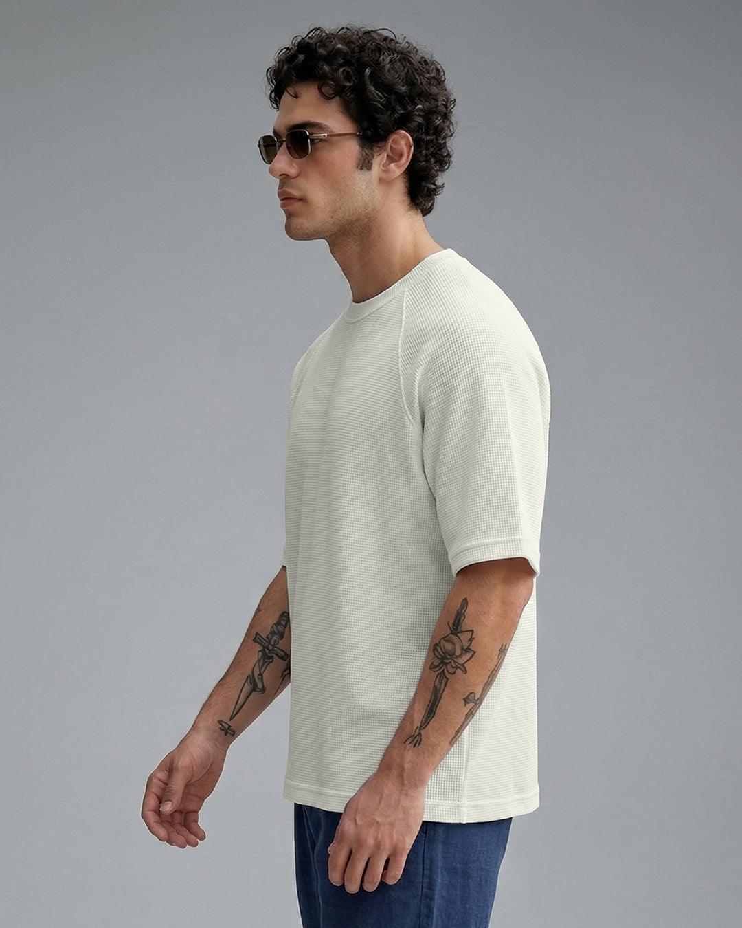 SILISOUL Men's Cream Textured Oversized Fit T-Shirt