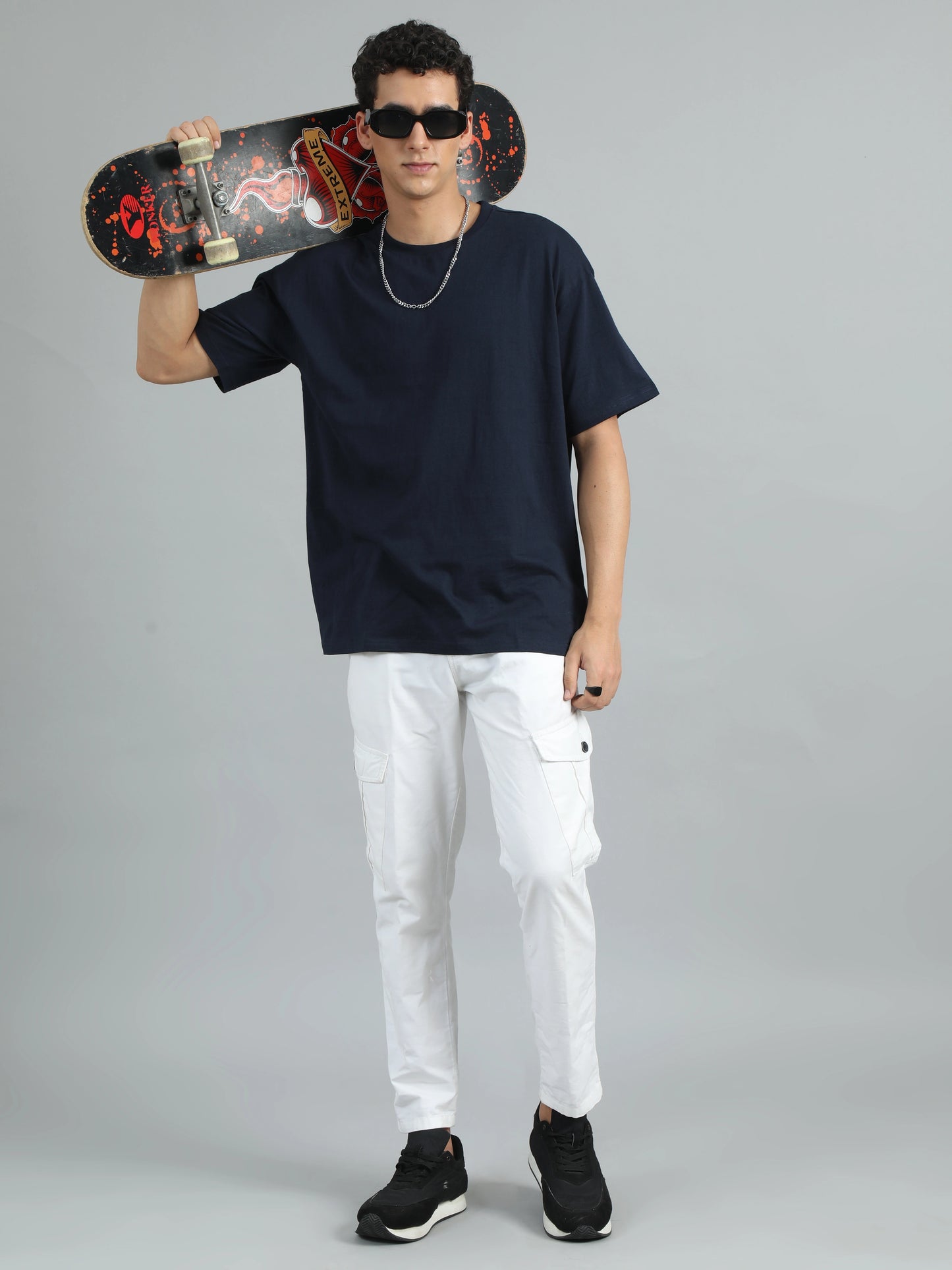 Men Solid Oversized T-Shirt - Navy Blue