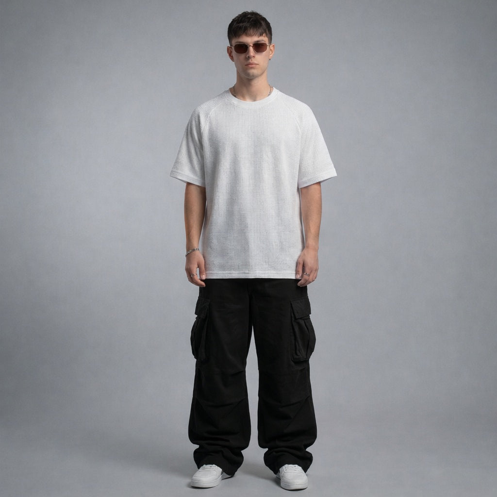 SILISOUL Men's White Color Textured Oversized Fit T-Shirt
