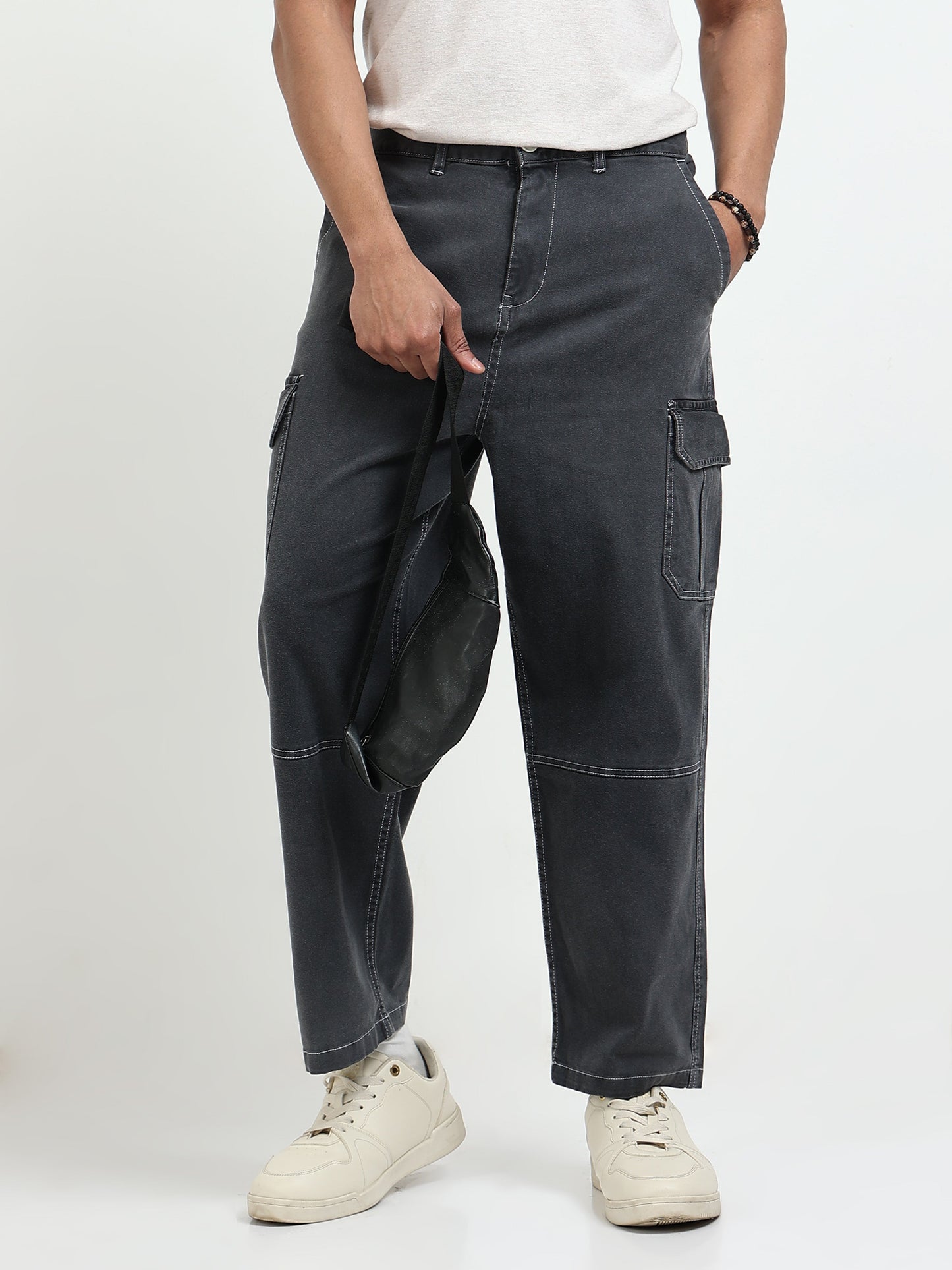 SILISOUL Men's Grey Baggy Fit Solid Cotton Denim Cargo Trousers