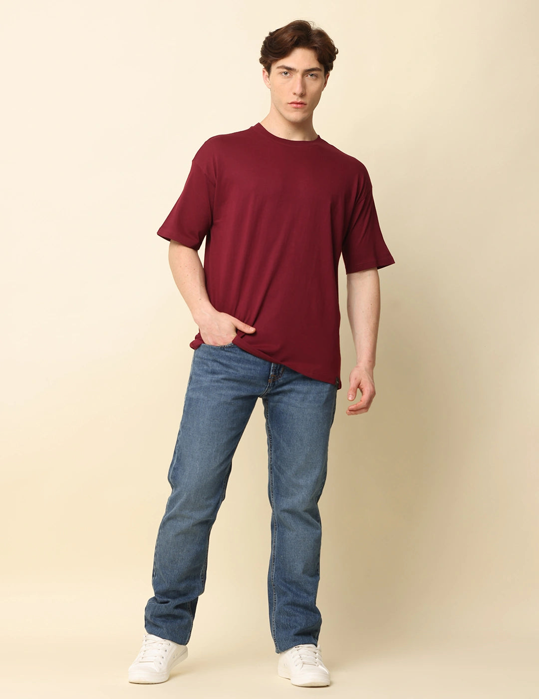 Men Solid Oversized T-Shirt - Maroon
