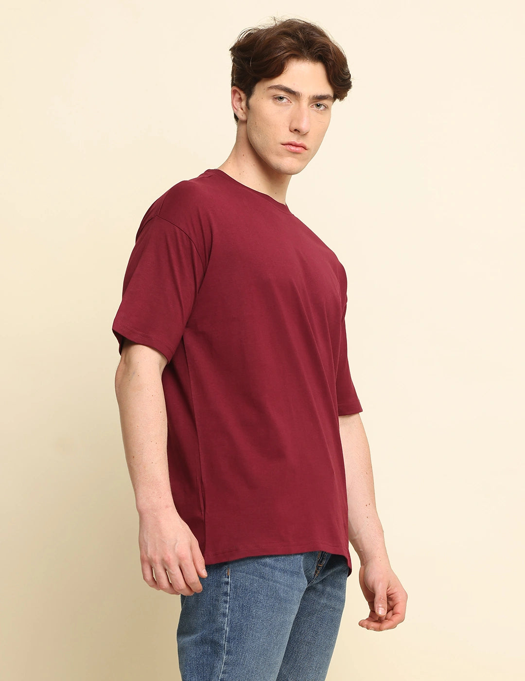 Men Solid Oversized T-Shirt - Maroon