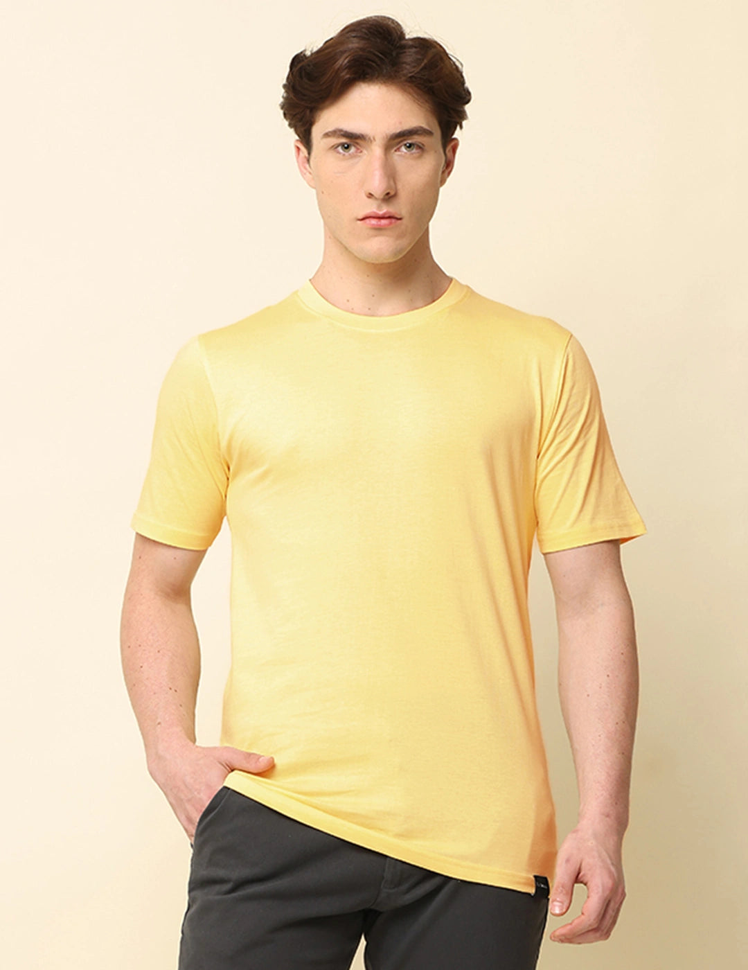 Men Solid Regular Fit T-Shirt - Light Yellow