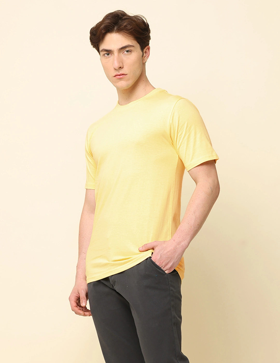 Men Solid Regular Fit T-Shirt - Light Yellow