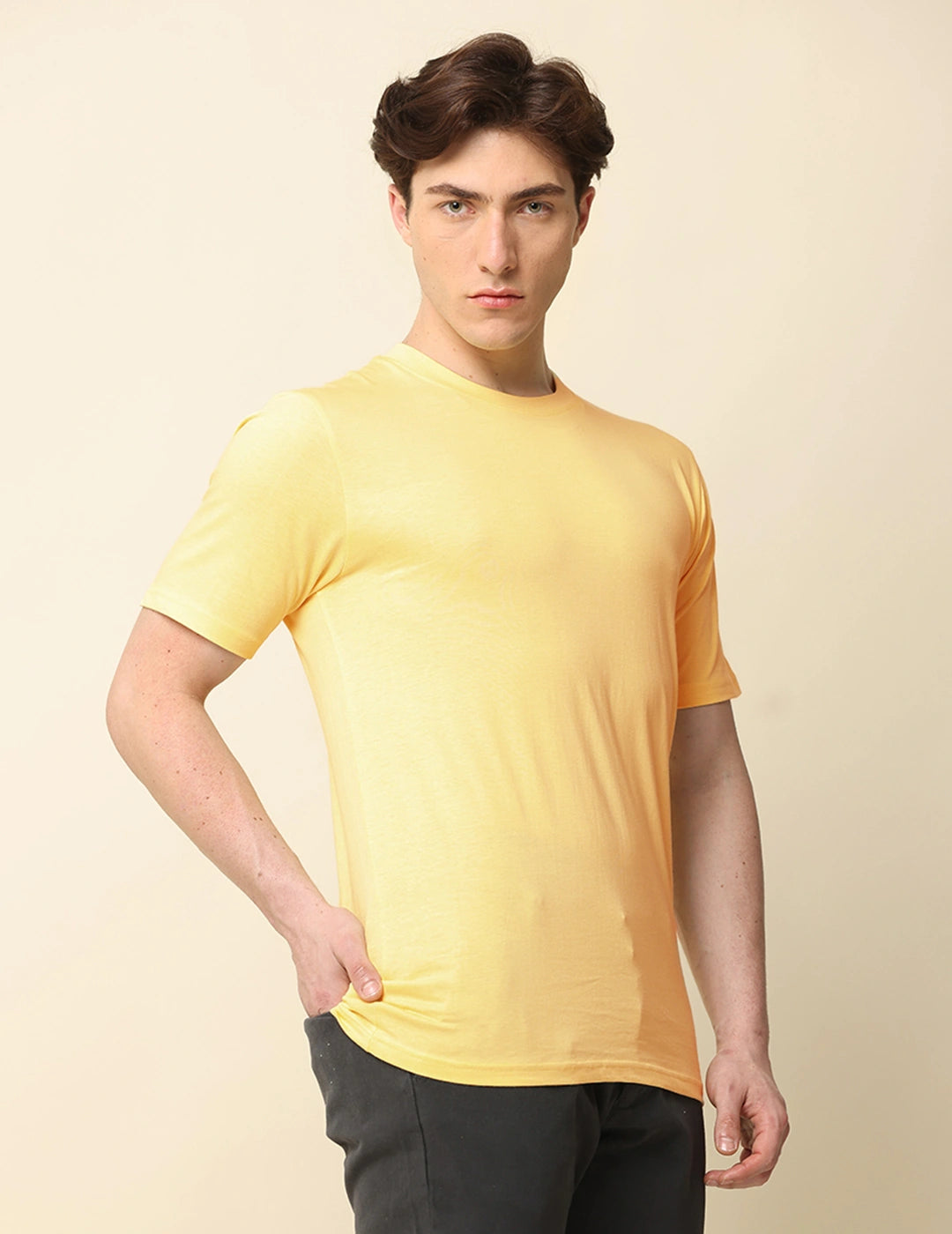 Men Solid Regular Fit T-Shirt - Light Yellow