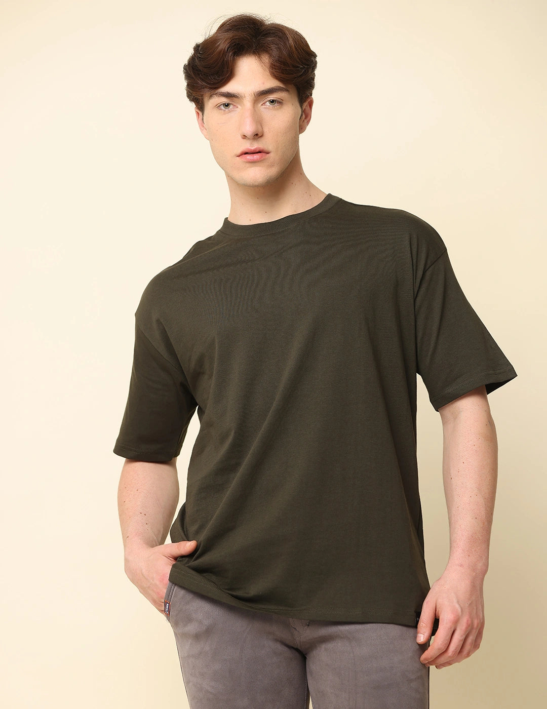 Men Solid Oversized T-Shirt - Dark Olive