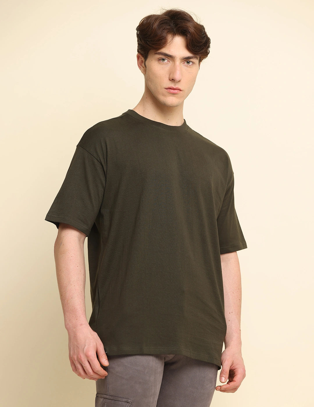 Men Solid Oversized T-Shirt - Dark Olive