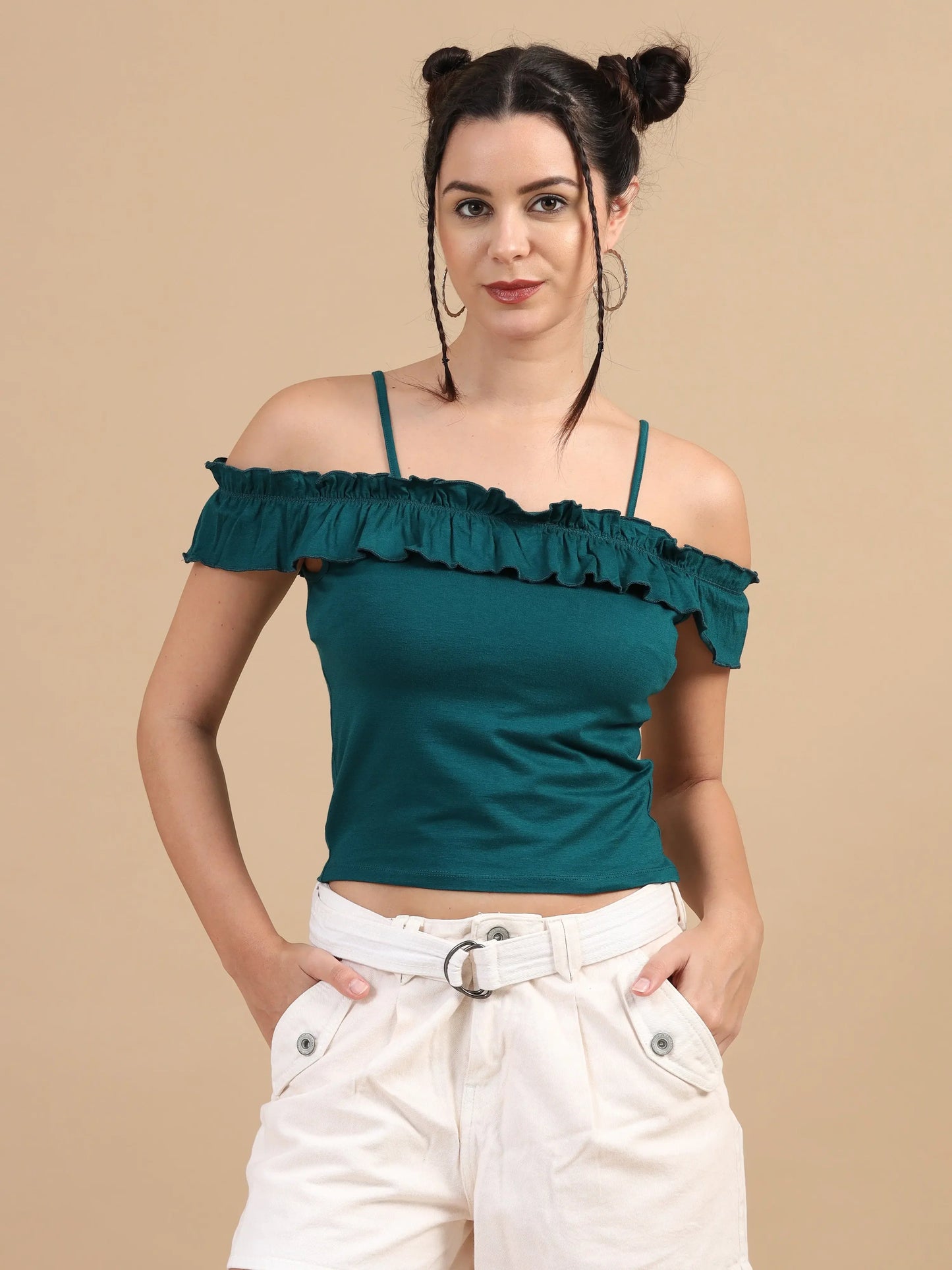 Women Bardot Crop Top - Teal Blue