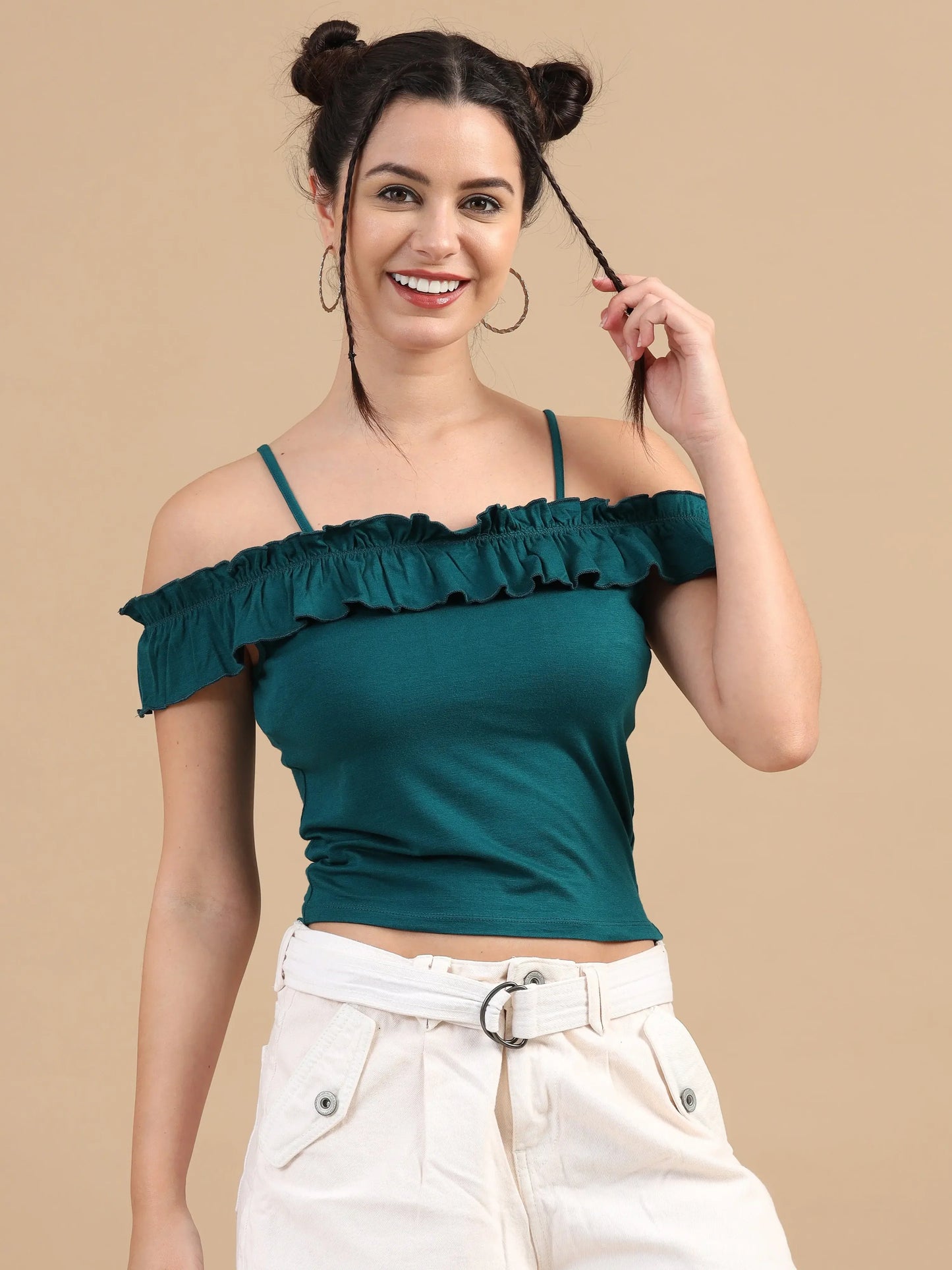 Women Bardot Crop Top - Teal Blue