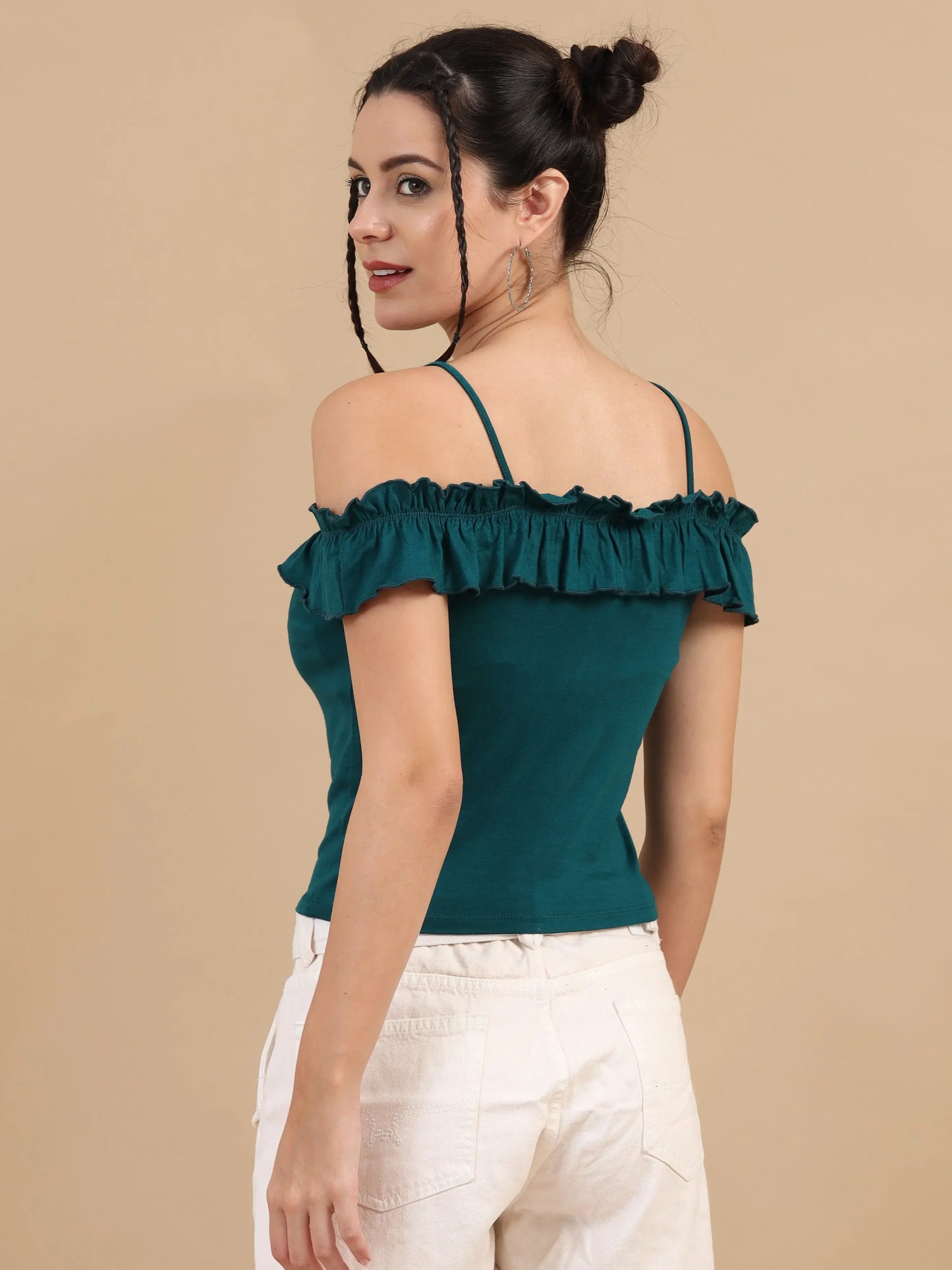 Women Bardot Crop Top - Teal Blue