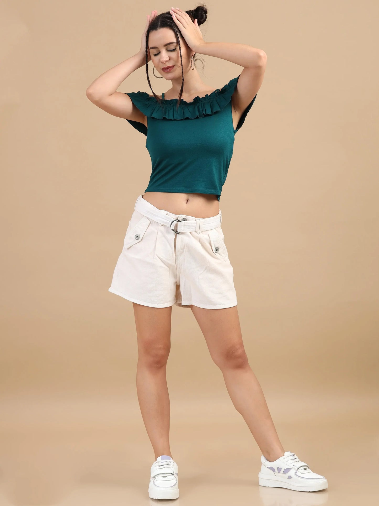 Women Bardot Crop Top - Teal Blue