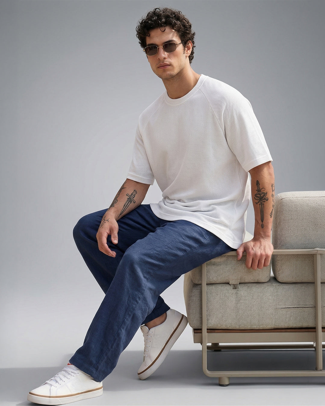 SILISOUL Men's White Textured Oversized Fit T-Shirt