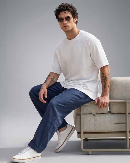 SILISOUL Men's White Textured Oversized Fit T-Shirt