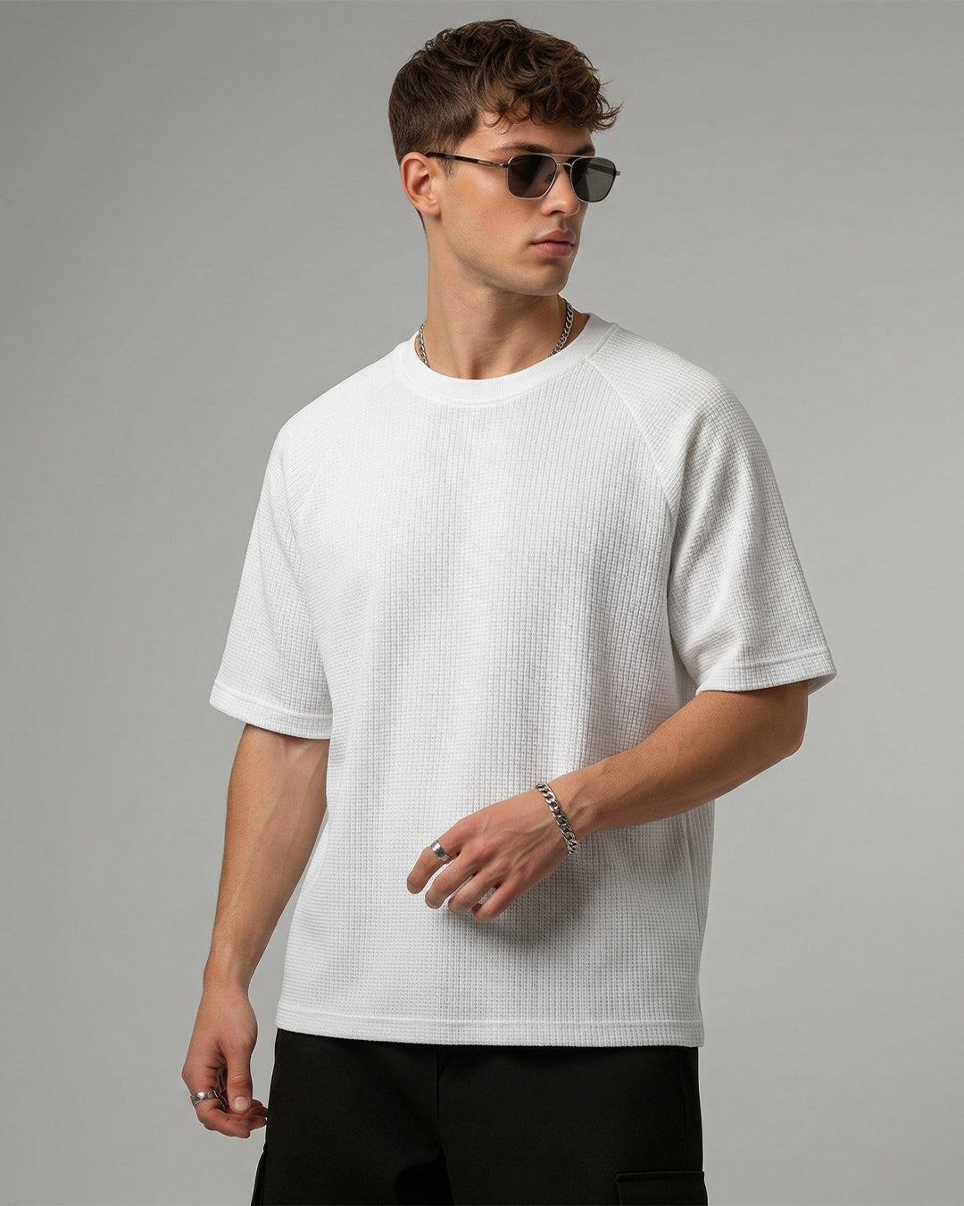 SILISOUL Men's White Color Textured Oversized Fit T-Shirt