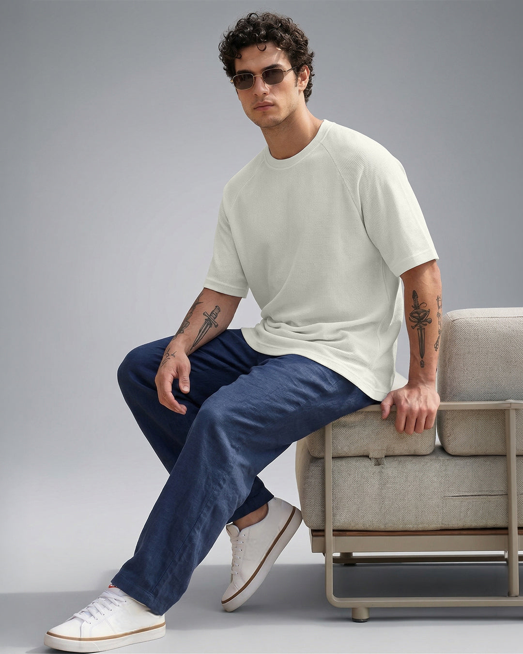 SILISOUL Men's Cream Textured Oversized Fit T-Shirt