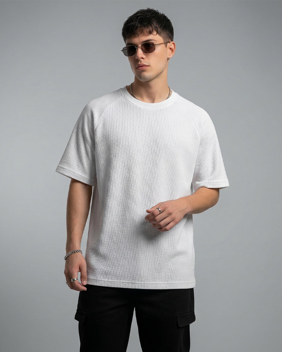 SILISOUL Men's White Color Textured Oversized Fit T-Shirt