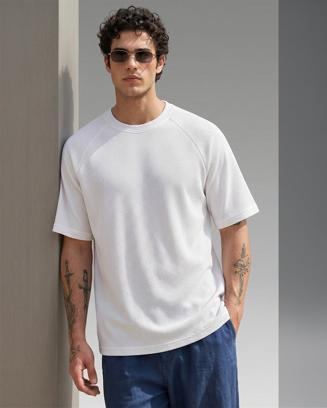 SILISOUL Men's White Textured Oversized Fit T-Shirt