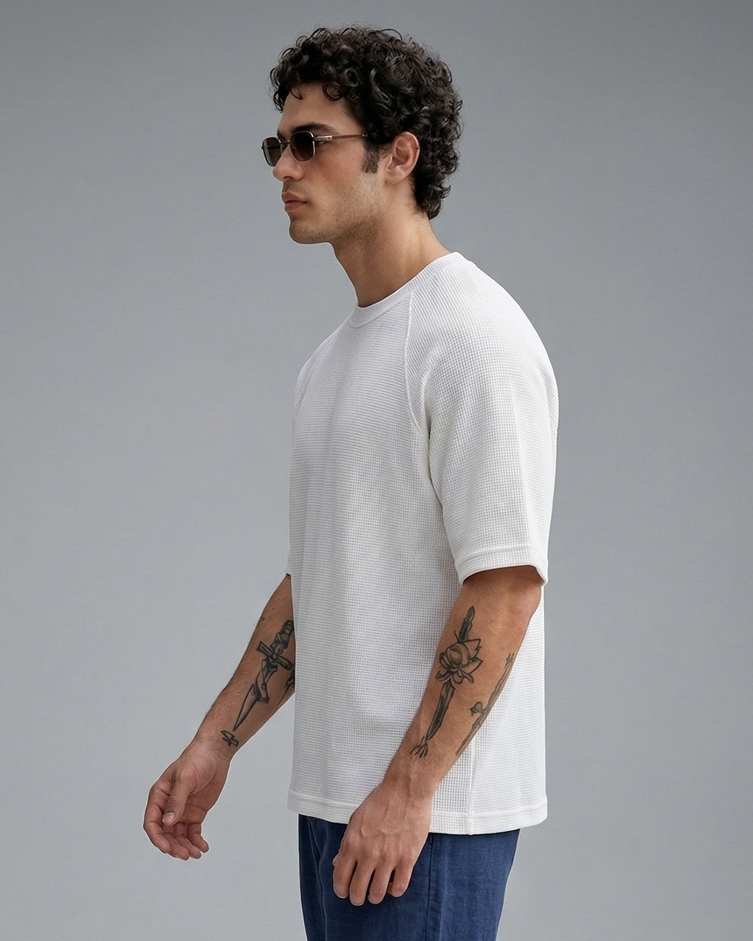 SILISOUL Men's White Textured Oversized Fit T-Shirt