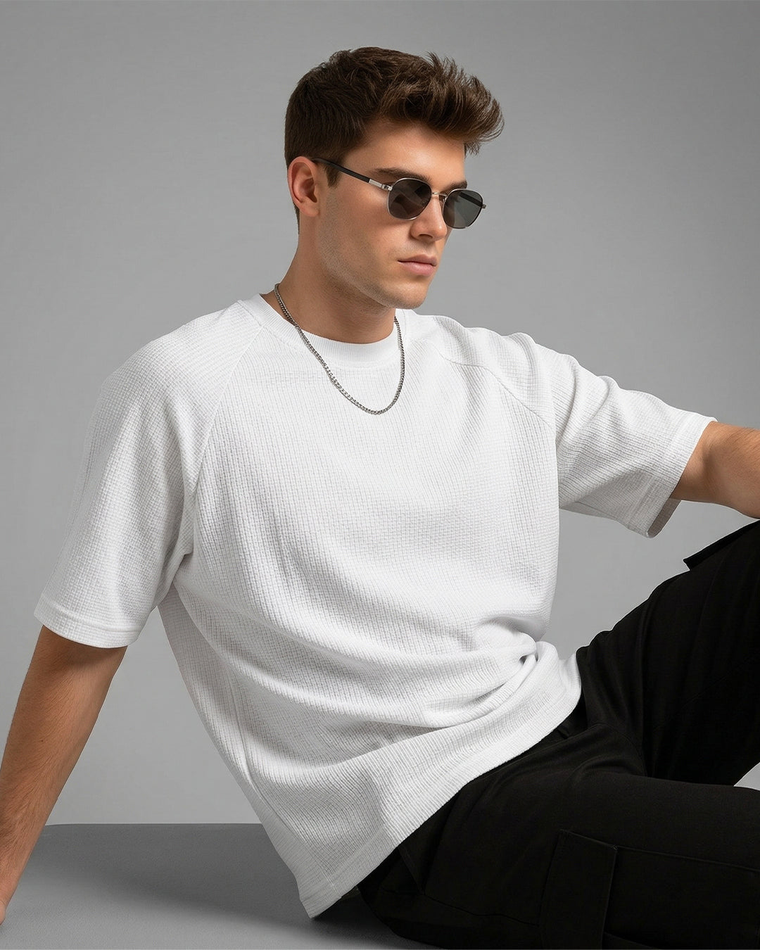 SILISOUL Men's White Color Textured Oversized Fit T-Shirt