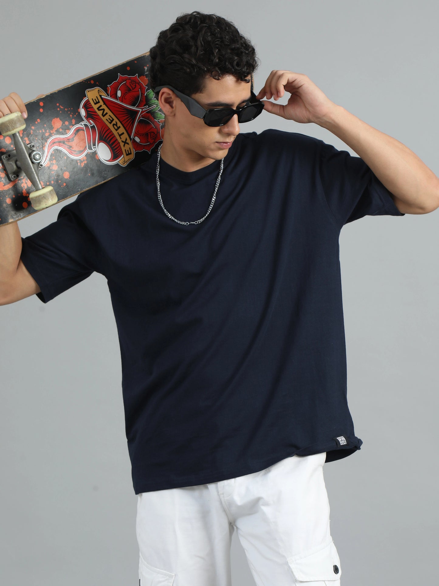 Men Solid Oversized T-Shirt - Navy Blue