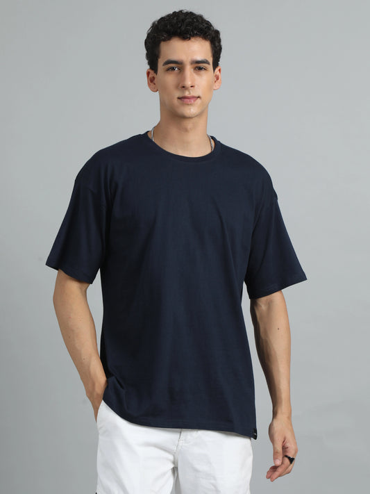 Men Solid Oversized T-Shirt - Navy Blue