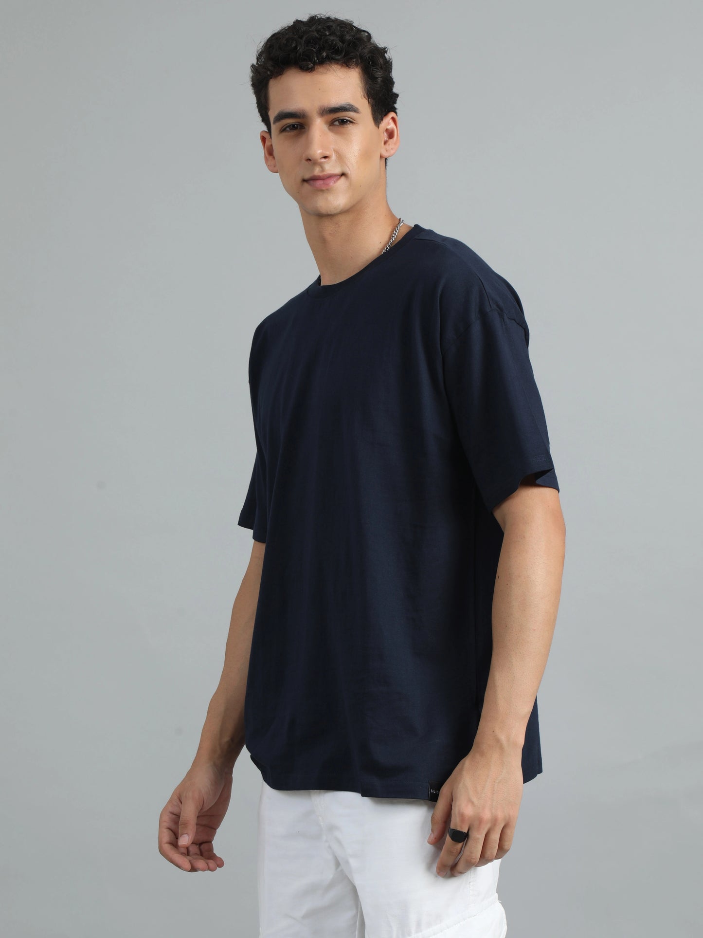 Men Solid Oversized T-Shirt - Navy Blue