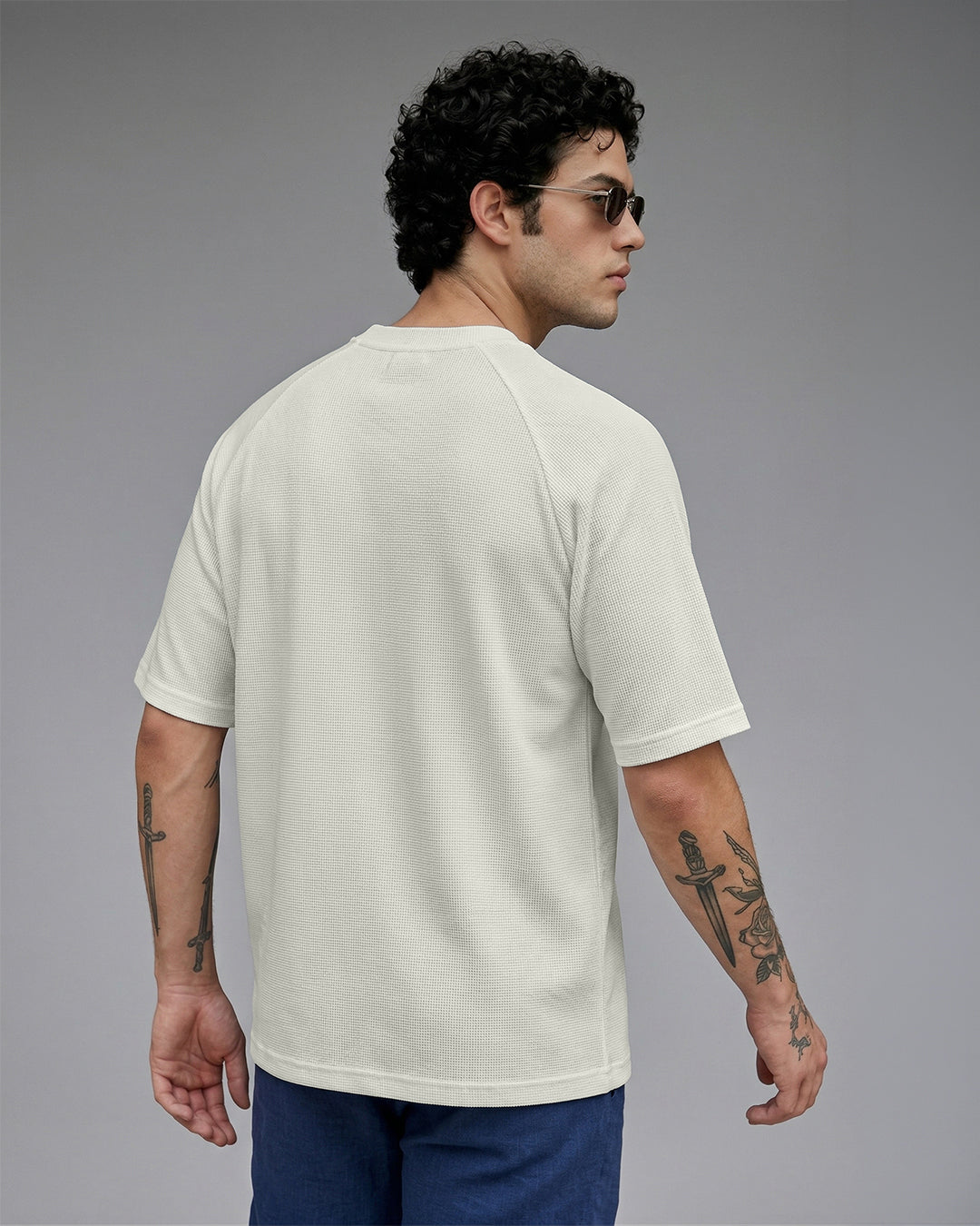 SILISOUL Men's Cream Textured Oversized Fit T-Shirt