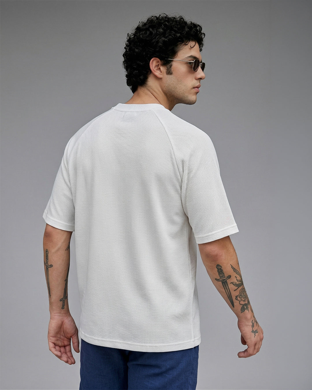 SILISOUL Men's White Textured Oversized Fit T-Shirt