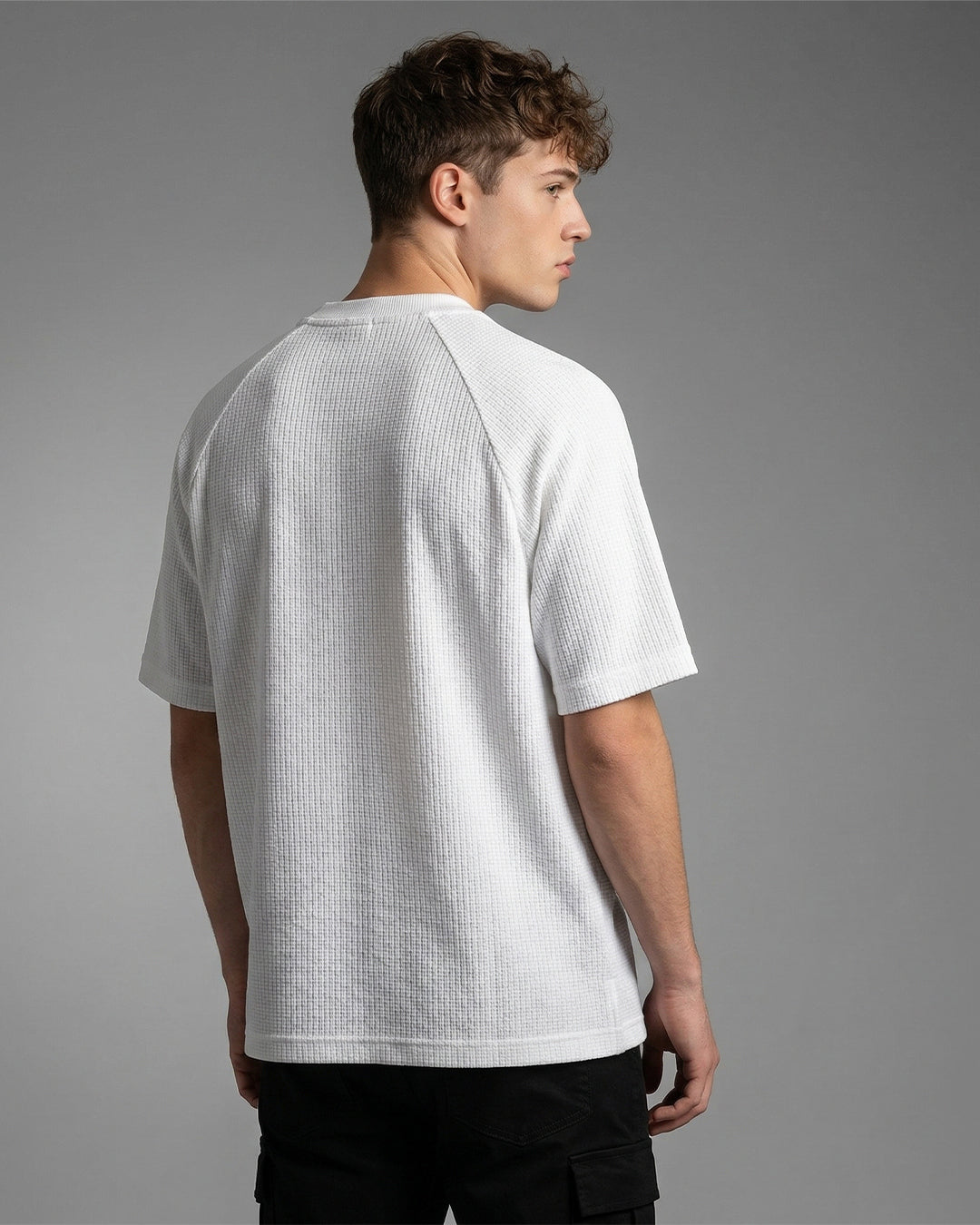 SILISOUL Men's White Color Textured Oversized Fit T-Shirt