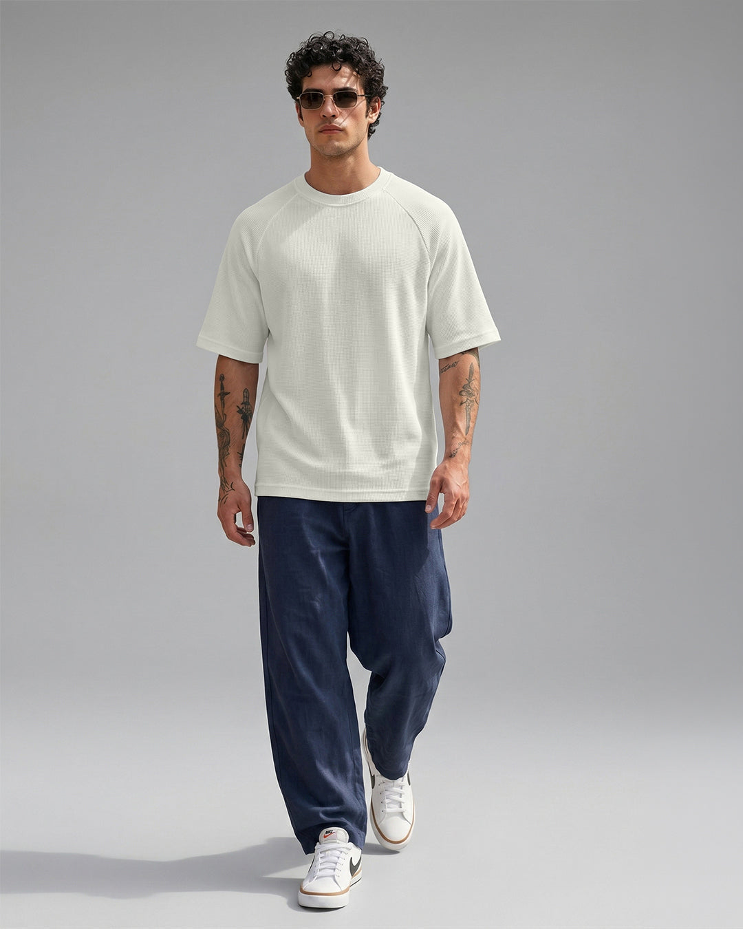 SILISOUL Men's Cream Textured Oversized Fit T-Shirt