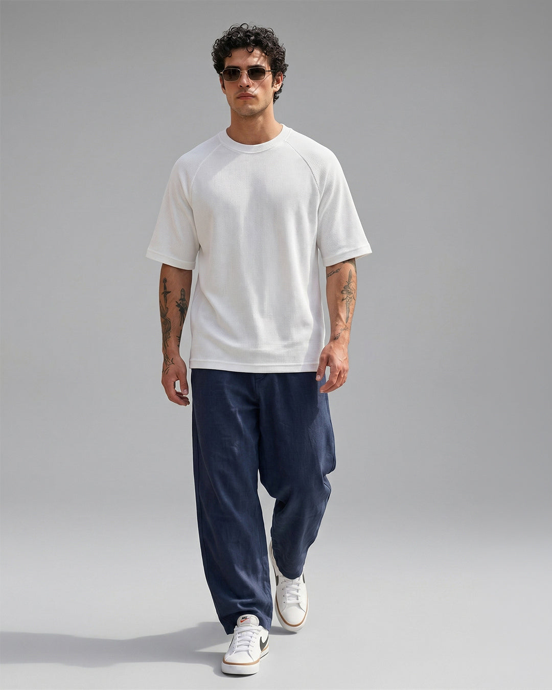 SILISOUL Men's White Textured Oversized Fit T-Shirt