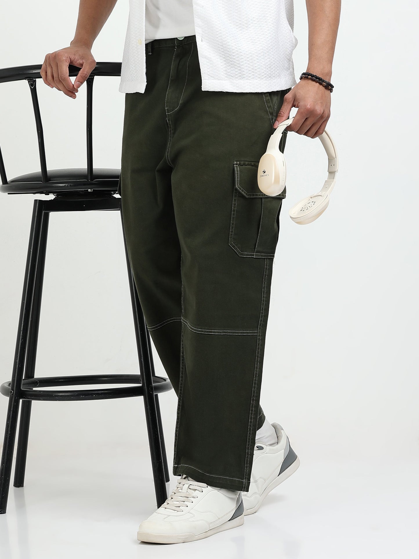 SILISOUL Men's Olive Baggy Fit Solid Cotton Denim Cargo Trousers