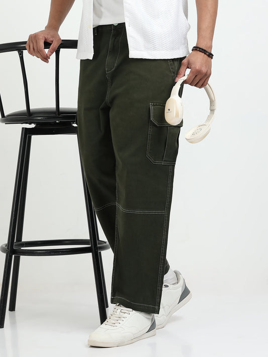 SILISOUL Men's Olive Baggy Fit Solid Cotton Denim Cargo Trousers
